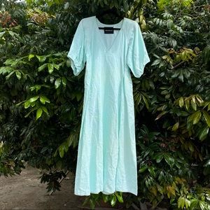 Nicholas seafoam green blue linen short sleeve maxi dress
